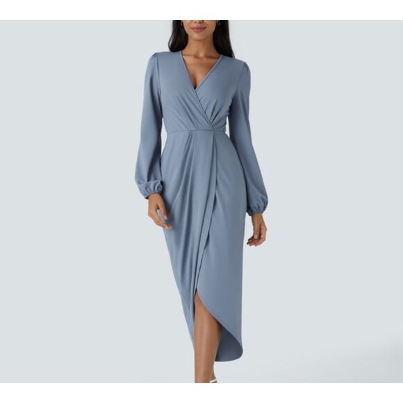 Halara V Neck Long Sleeve Tulip Hem Midi Dress Sz Medium Blue Womens - Picture 10 of 16